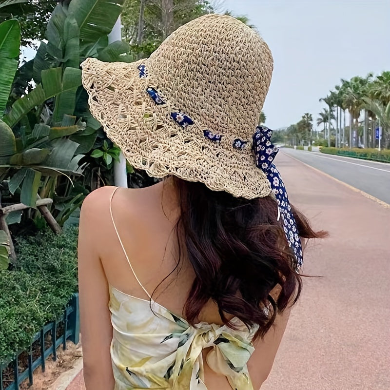 Boho Hollow Out Crochet Straw Sun Hat with Bowknot