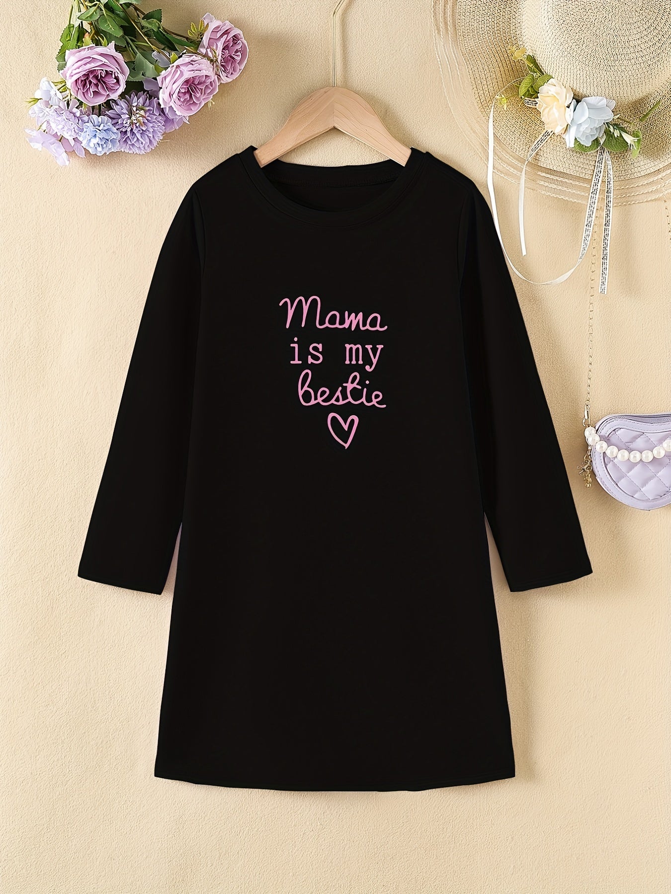 Girls' Letter Mama Is My Bestie Print Long Sleeve Dress