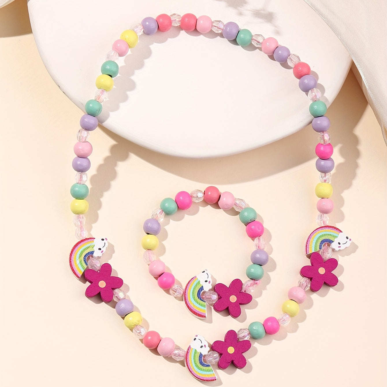 Cartoon Butterfly Flower Rainbow Beaded Necklace Bracelet Set for Girls