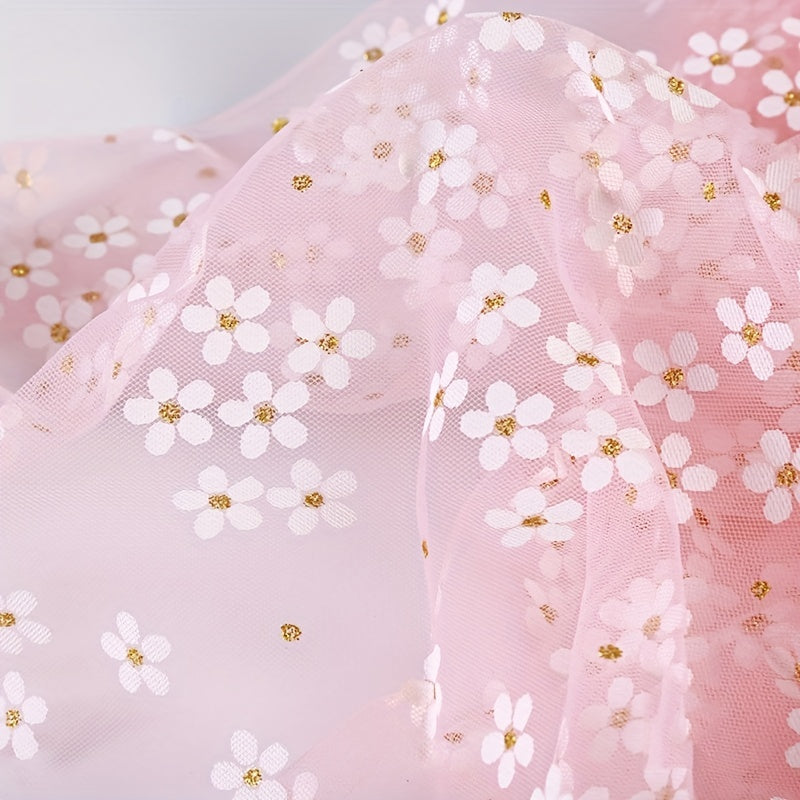 Soft Flowers Print Tulle Mesh Fabric Red Pink Daisy Ribbon 150x91cm