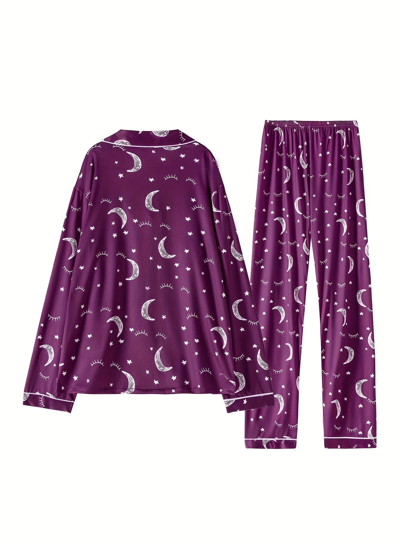 Moon Print Pajama Set Long Sleeve Top & Pants Women's Sleepwear