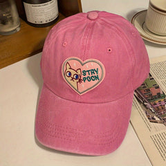 Cat Heart Embroidery Baseball Cap Pink Washed Distressed Sun Hat