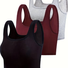 3pcs Solid Ribbed Tank Tops Crew Neck Slim Fit Sleeveless Top Women's Lingerie