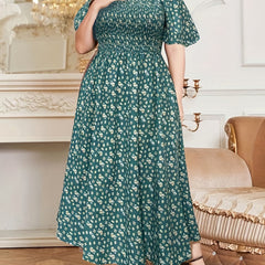  Boho Dress Ditsy Print Puff Sleeve Square Neck