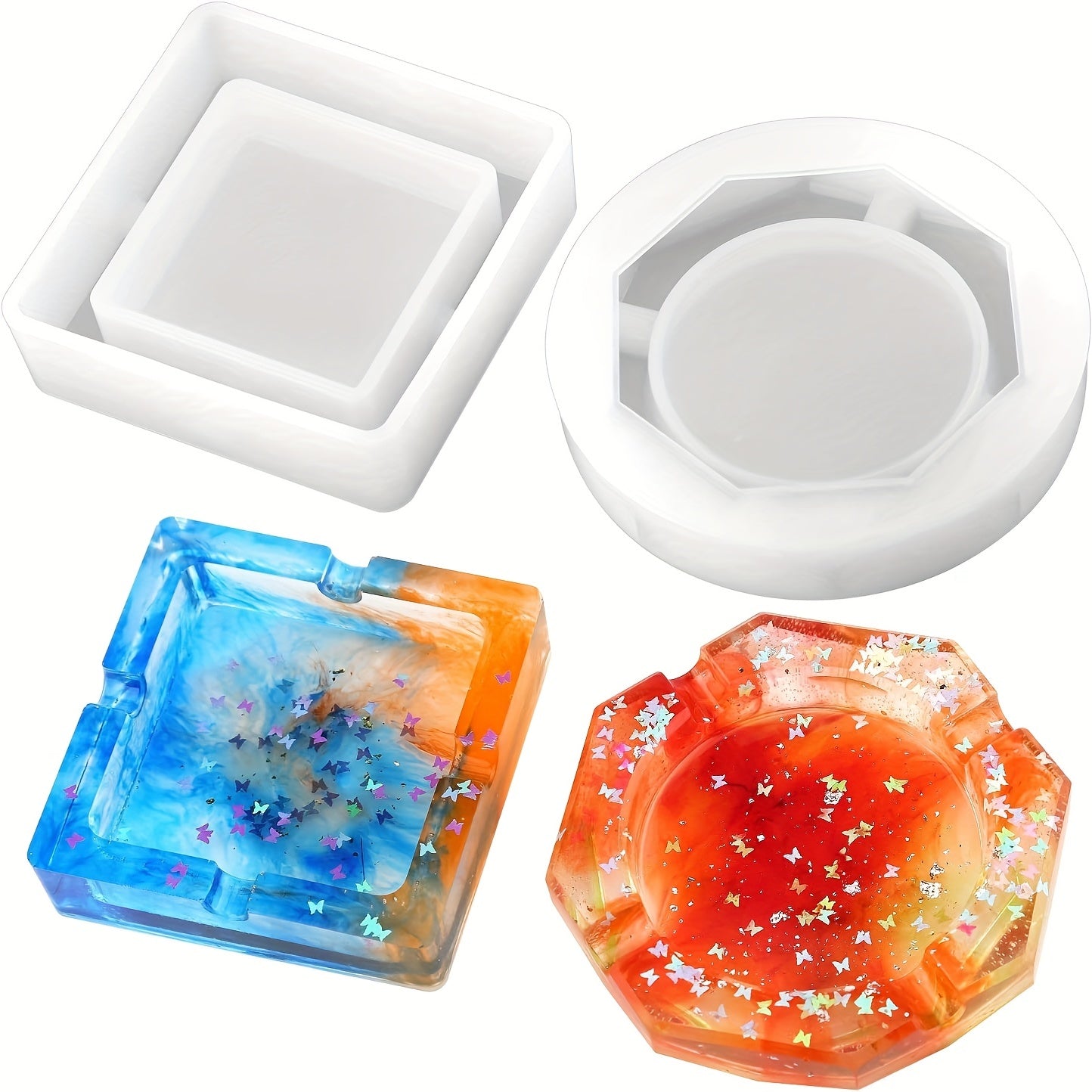 2pcs Square, Rhombus, Round Ashtray Resin Molds Silicone Casting DIY