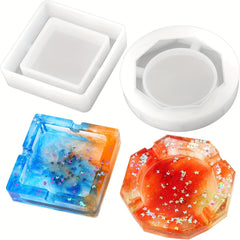 2pcs Square, Rhombus, Round Ashtray Resin Molds Silicone Casting DIY
