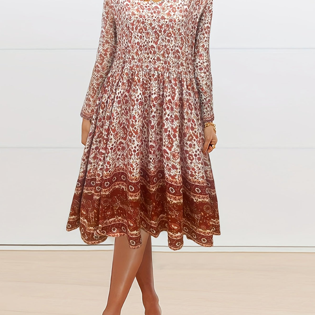  Ditsy Floral Print Long Sleeve V Neck Dress