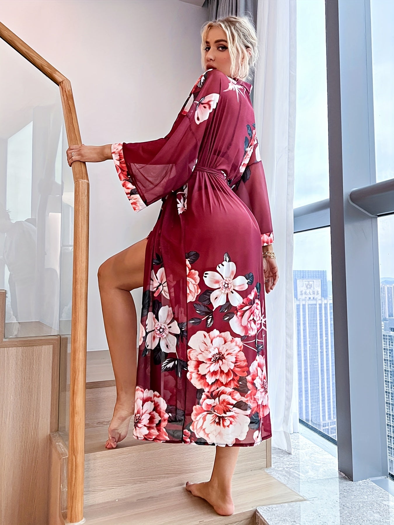 Floral Print Mesh Night Robe Long Sleeve V Neck Robe With Belt