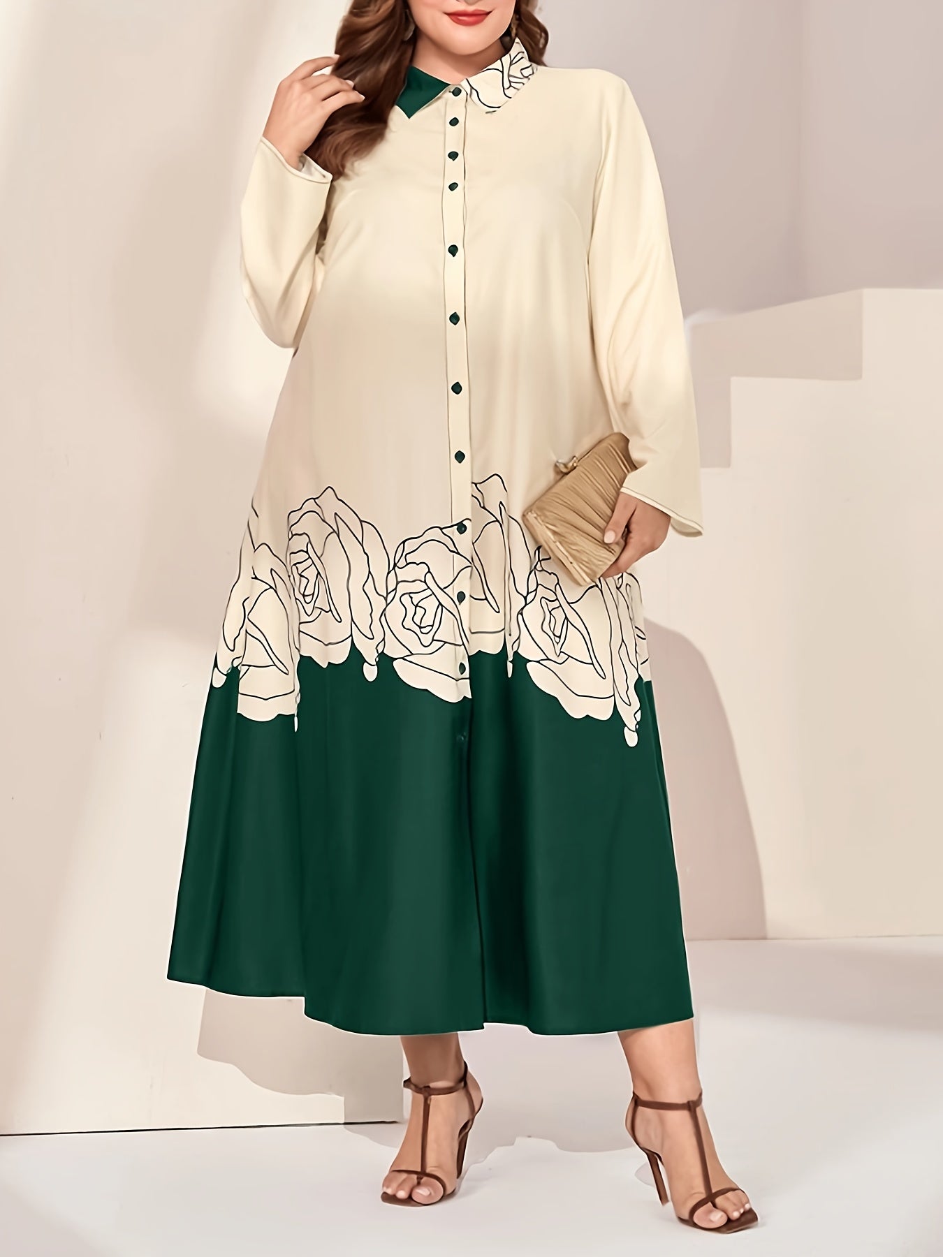  Abaya Dress Women's Plus Colorblock Floral Print Long Sleeve