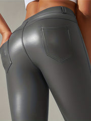 Warm Fleece Leggings High Wasted PU Leather Pants