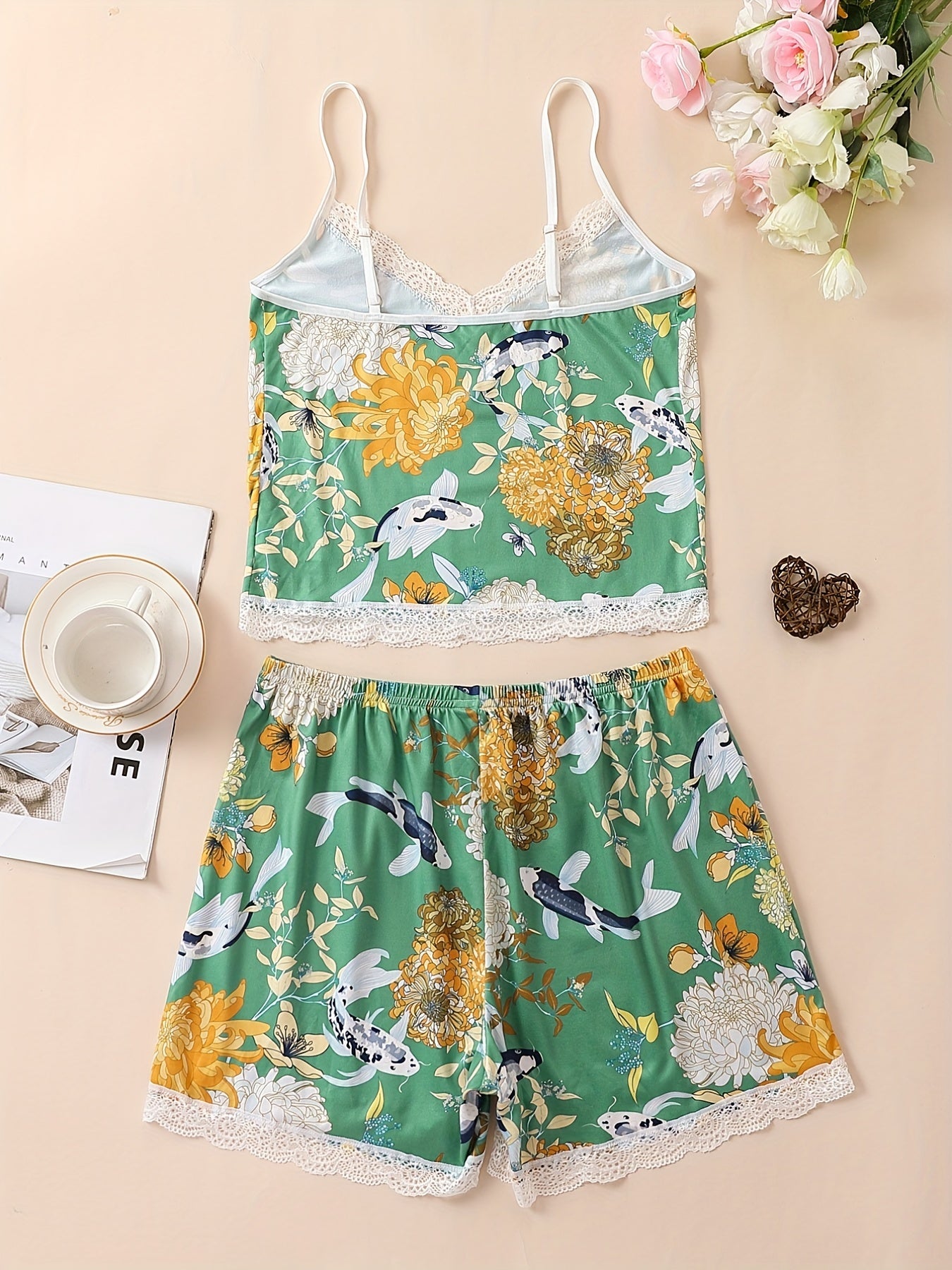 Floral Print Pajama Set V Neck Cami Top & Lace Trim Shorts