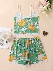 Floral Print Pajama Set V Neck Cami Top & Lace Trim Shorts