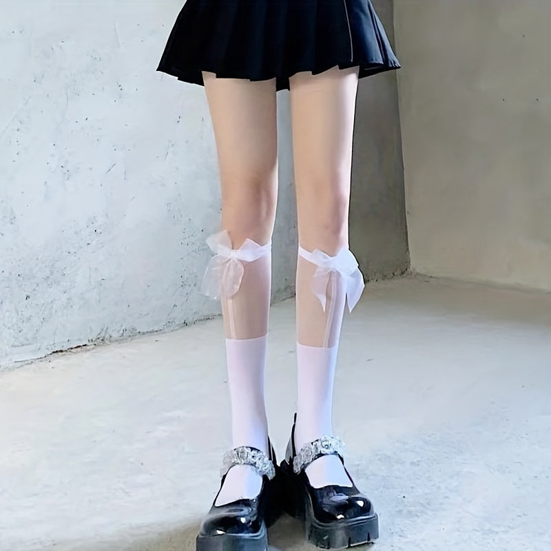 Mesh Stitching Calf Socks Bow Decor Lolita Knee High Socks