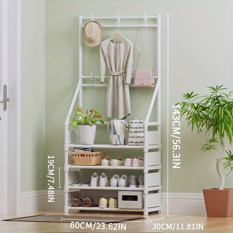 Minimalist Clothes Rack & Shoe Stool w/Metal Frame & 8 Hooks