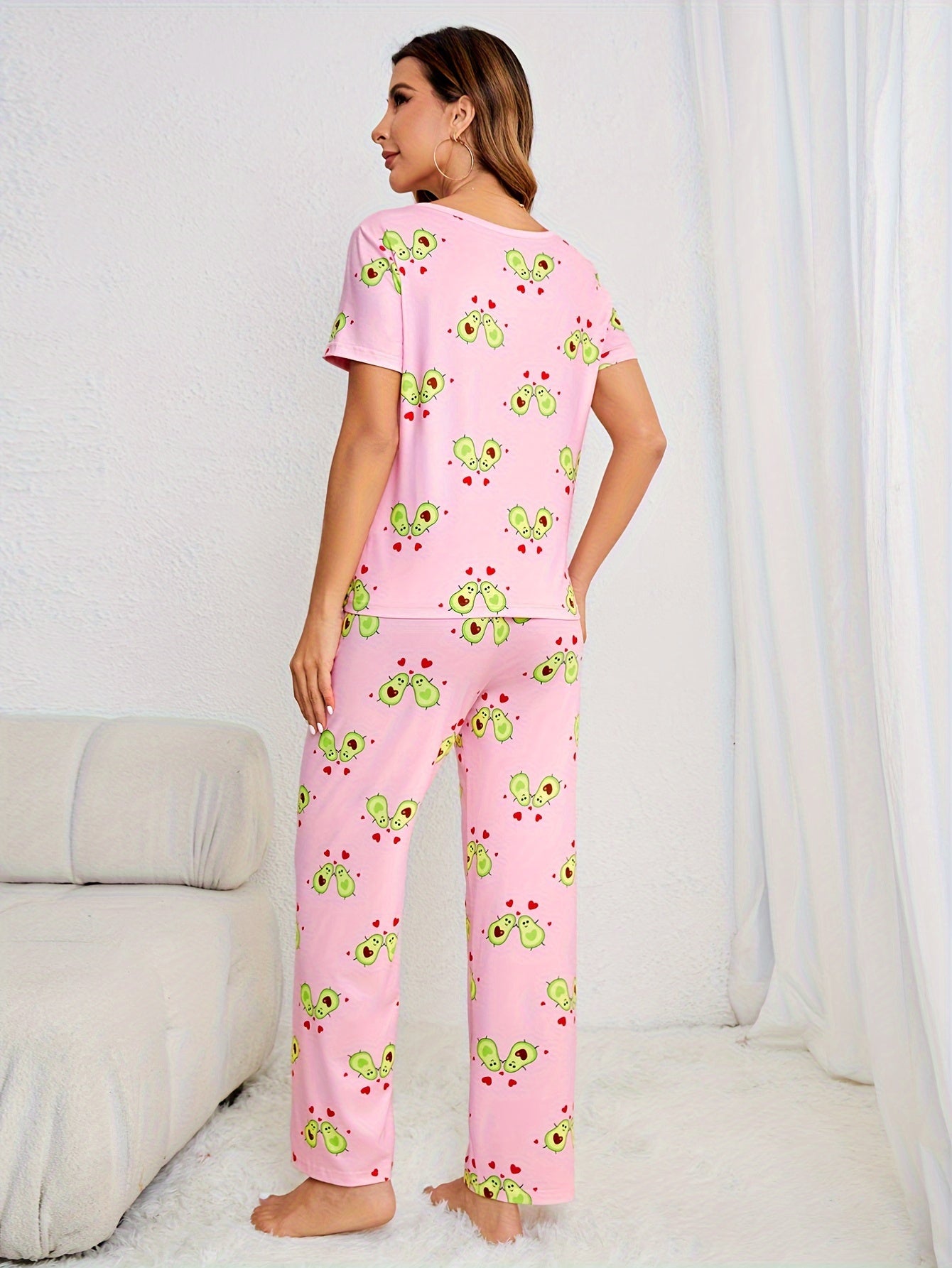 Avocado Print Pajama Set Short Sleeve Top & Pants Women's Sleepwear