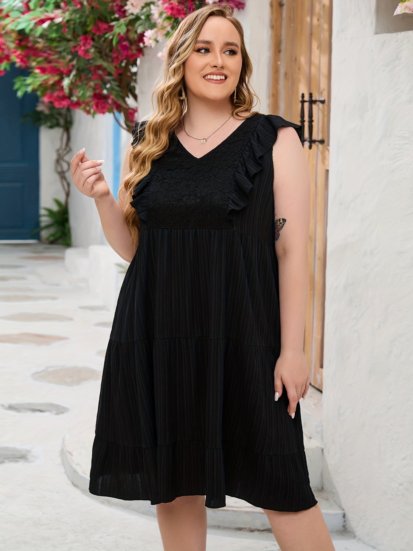  Solid Lace Ruffle Sleeve V Neck Dress