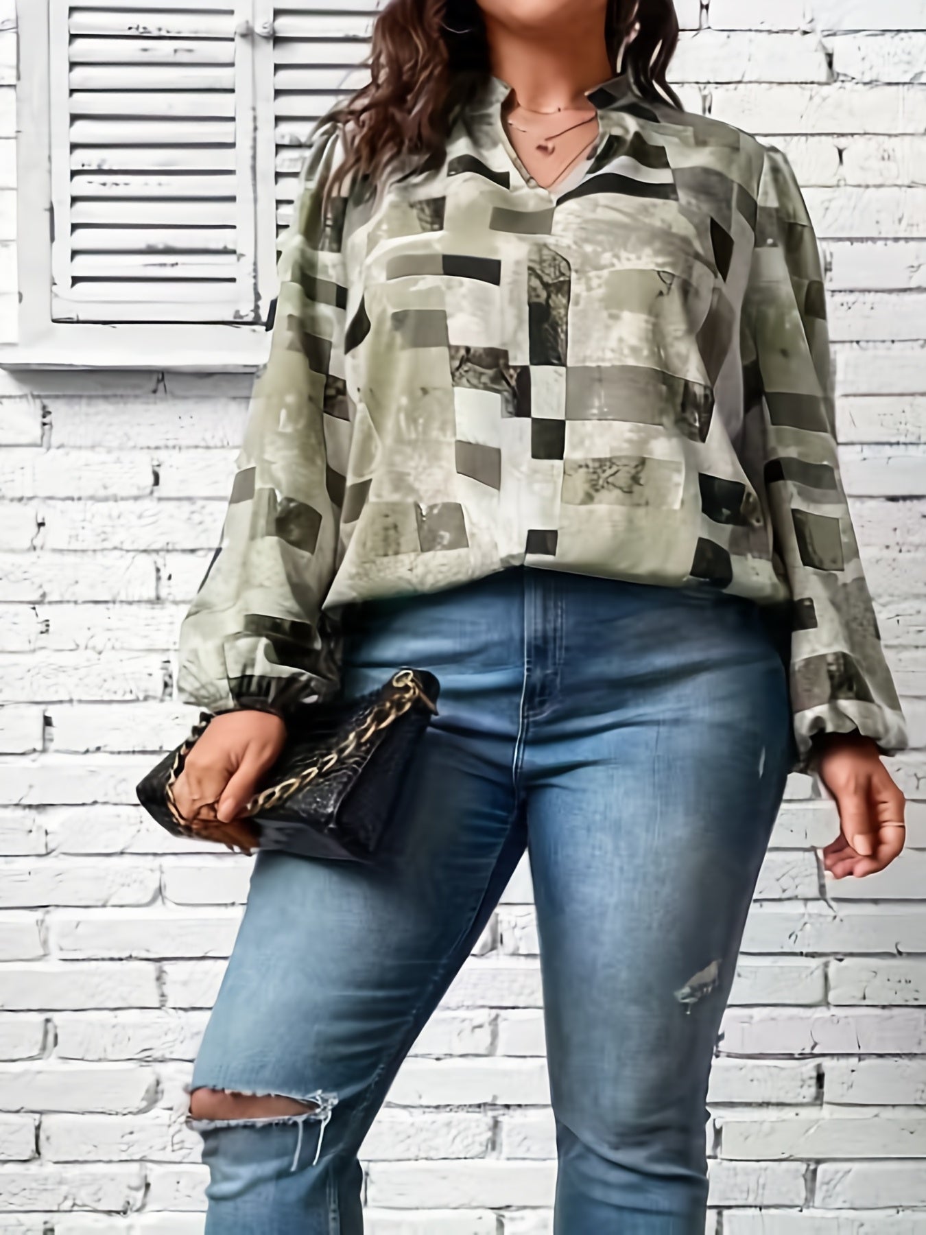  Geo Print Lantern Sleeve Notched Neck Blouse