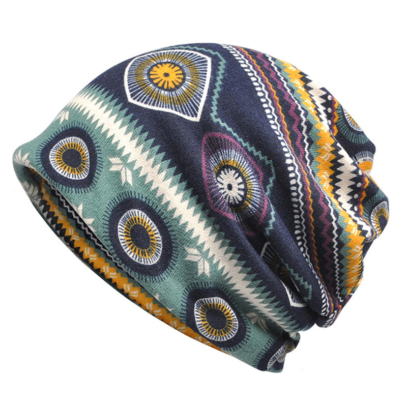 Boho Vintage Print Beanie Cap Elastic Skull Lightweight Warm Headwear