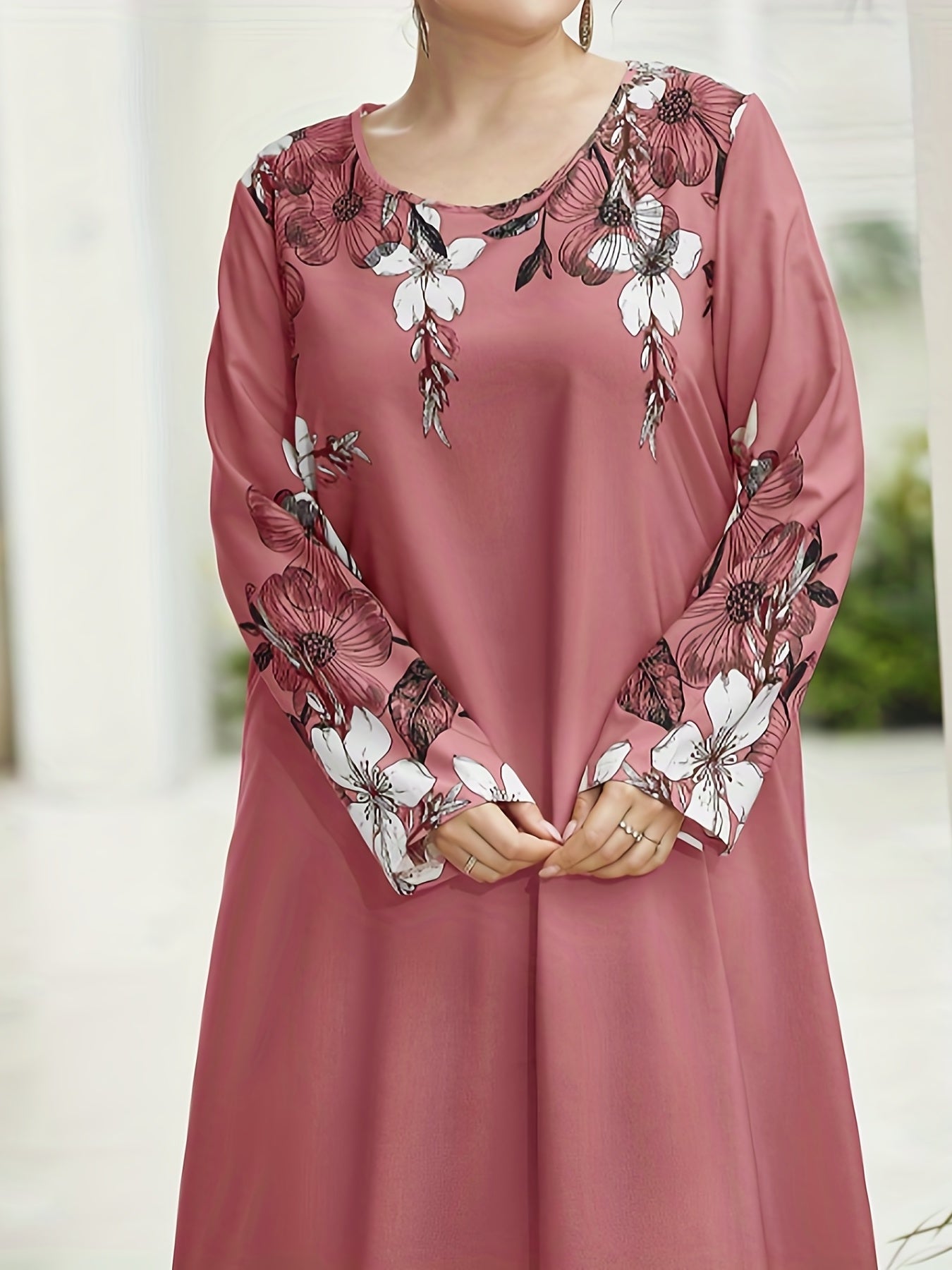  Floral Print Long Sleeve Maxi Abaya Dress for Women