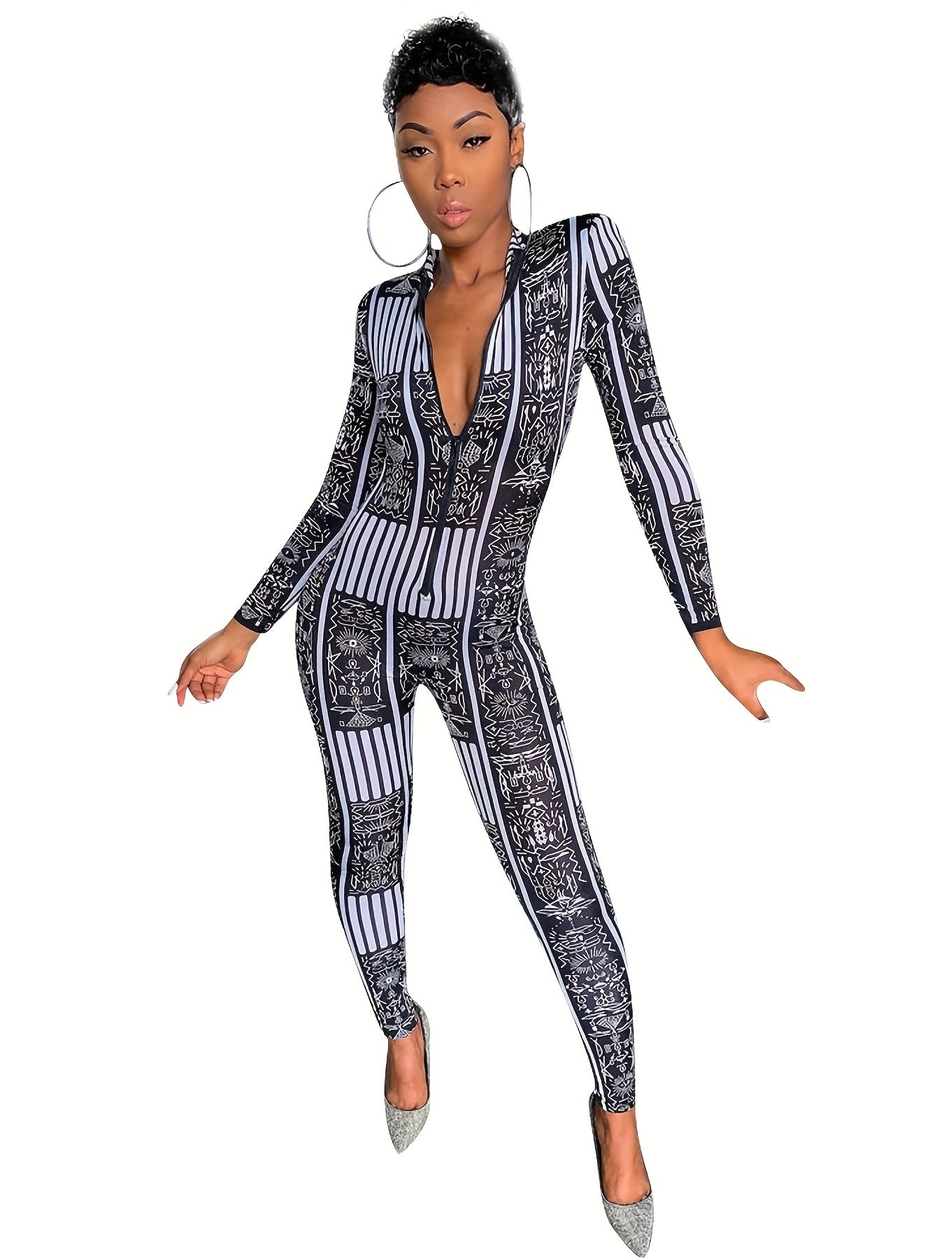 Striped Zip Up Slim Jumpsuit Long Sleeve Women's Clothing