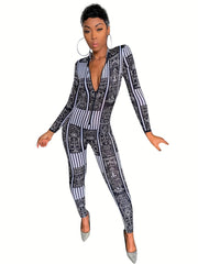 Striped Zip Up Slim Jumpsuit Long Sleeve Women's Clothing