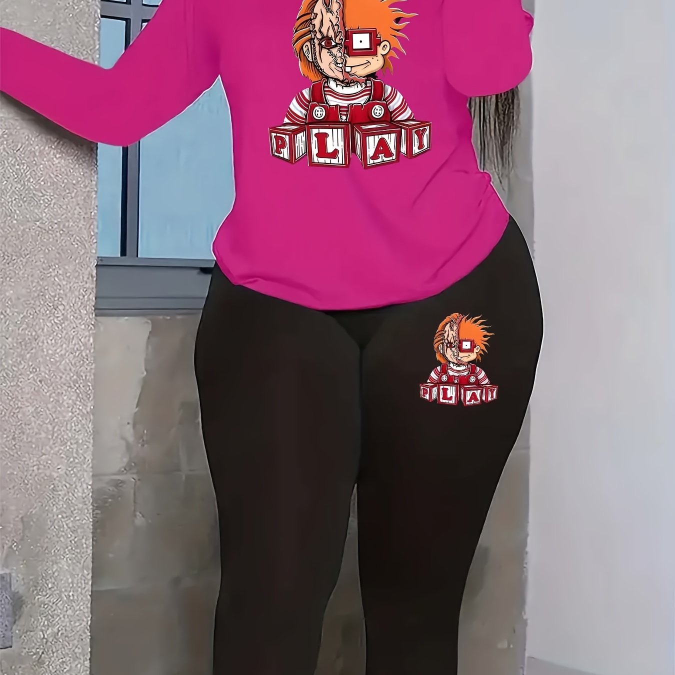 Halloween Cartoon Print Top & Leggings Set