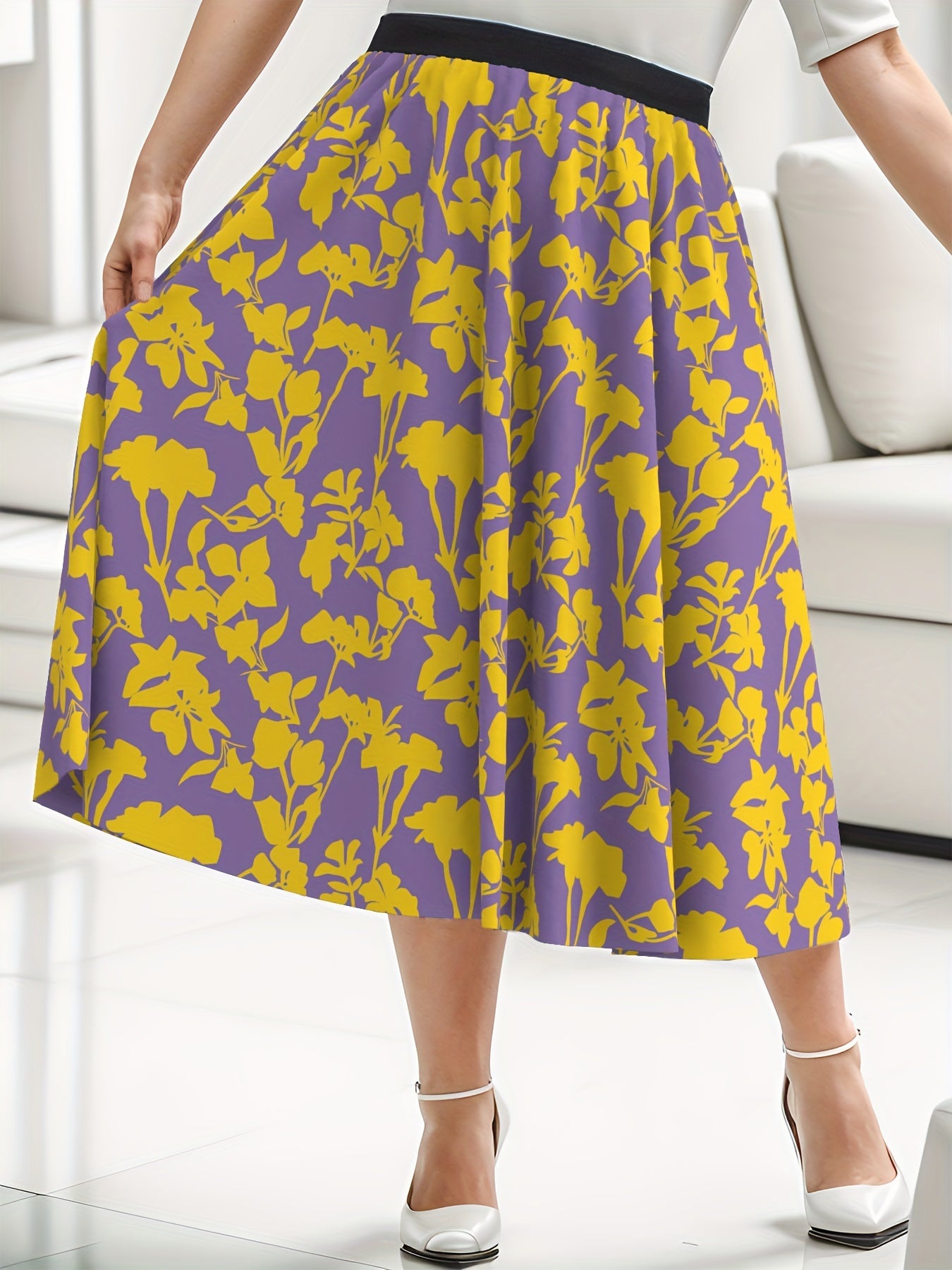  Floral Print Maxi Skirt, High Rise Elastic Waist