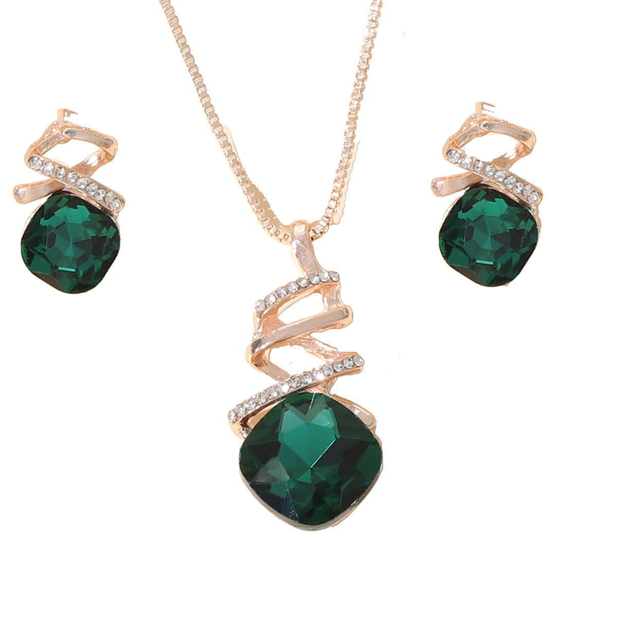 Geometric Crystal Jewelry Set Pendant Necklace & Stud Earrings Wedding