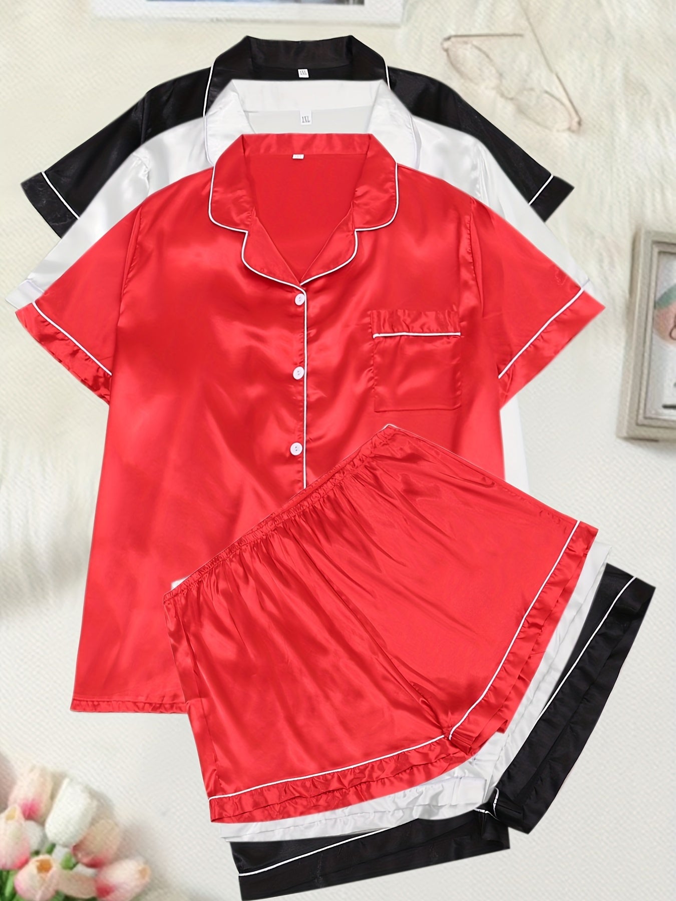  Satin Pajama Set Women's Contrast Piping Short Sleeve Shirt & Shorts