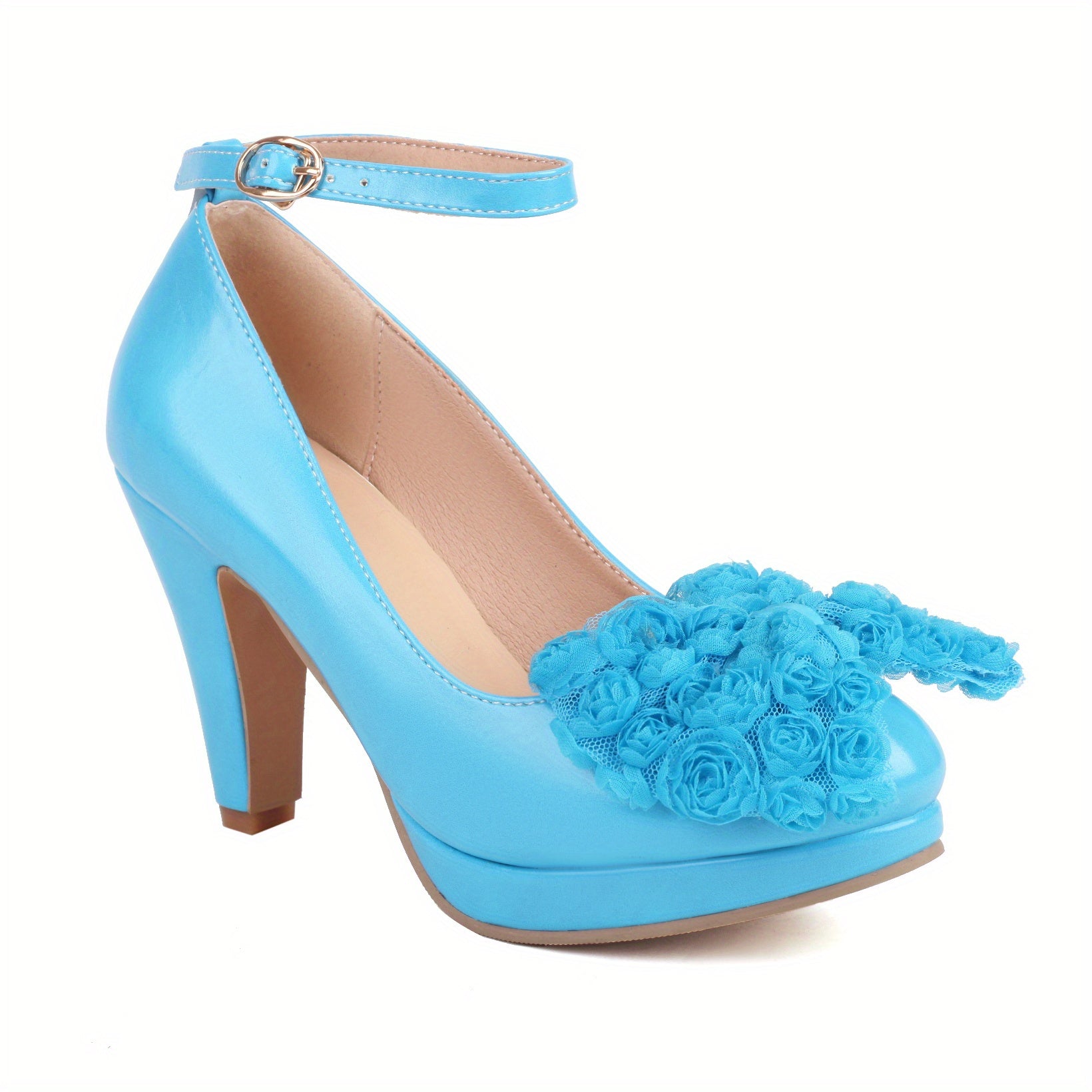 Flower & Bow Block Heel Pumps with Buckle Strap