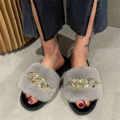 Women's Chain Decor Plush Slippers Faux Fur Indoor Warm Slip On