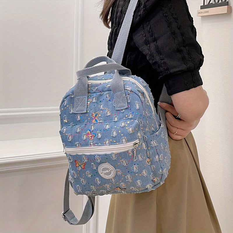 Butterfly Sequins Backpack Women Top Handle Canvas Schoolbag Y2K Daypack