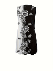  Colorblock Floral Print Round Neck Tank Dress