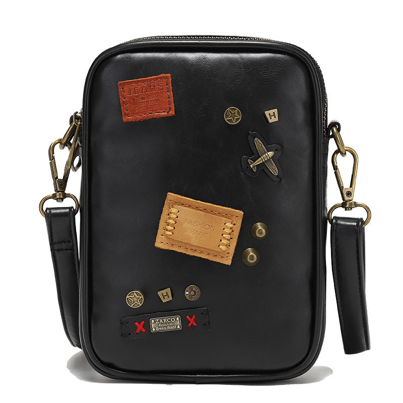 Men's Rivet Decor Leather Crossbody Bag Multifunctional Shoulder Bag