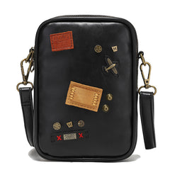 Men's Rivet Decor Leather Crossbody Bag Multifunctional Shoulder Bag