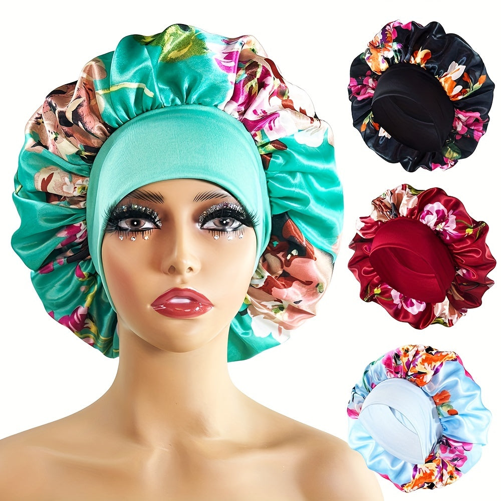 Flower Print Satin Bonnet Large Soft Elastic Sleeping Night Hat Silk Hair