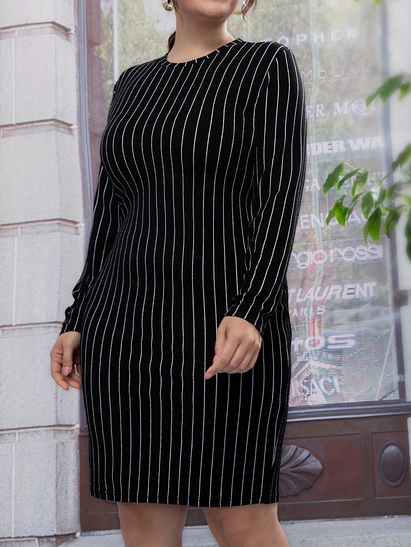  Stripe Print Long Sleeve Slim Fit Mini Dress