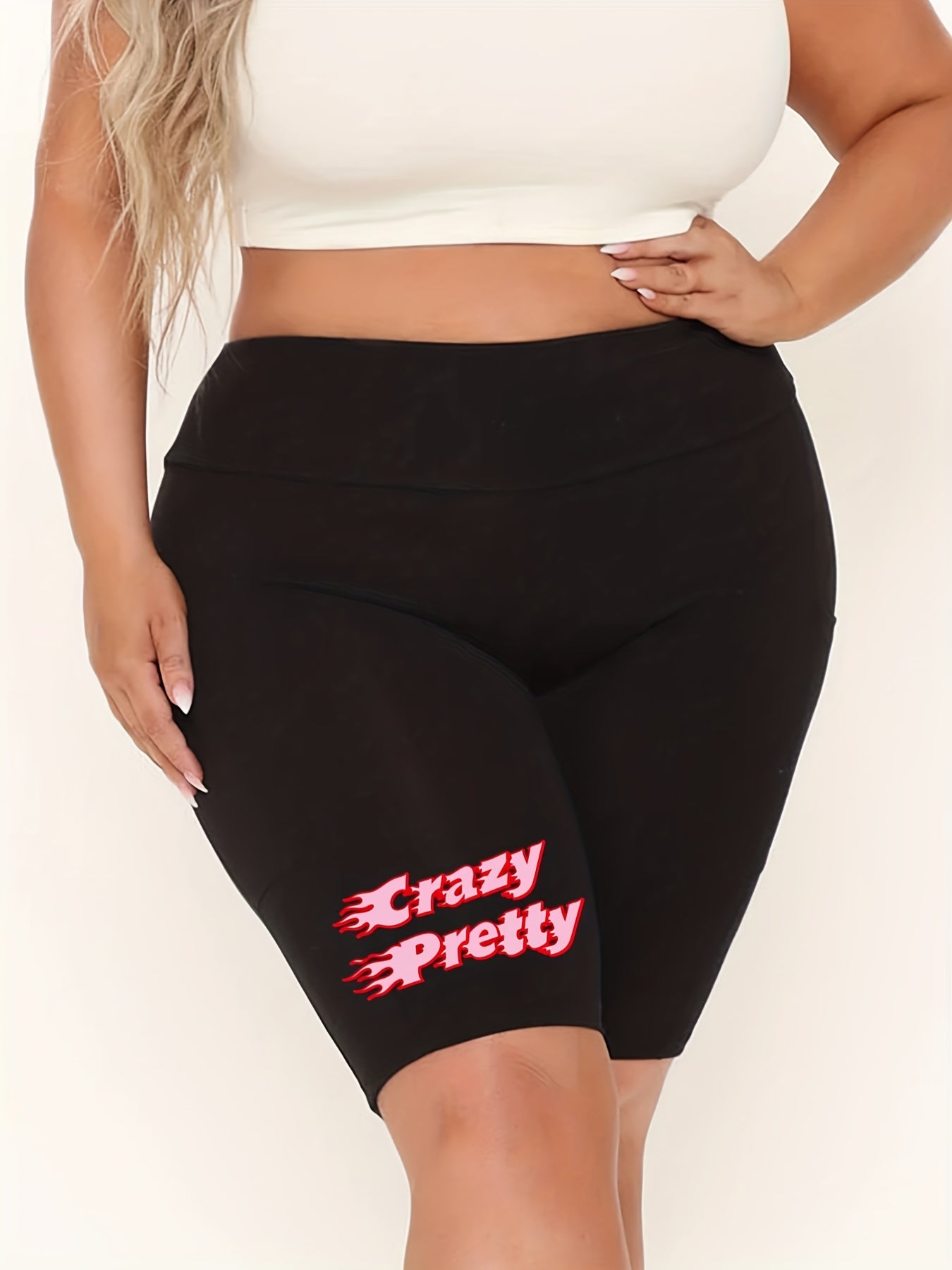 Plus Size Art Letter Print High Waist Biker Shorts