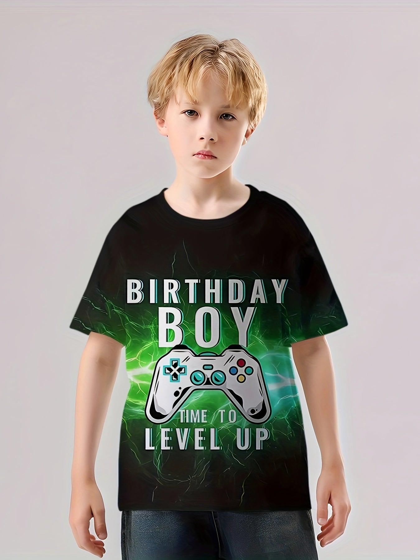 BIRTHDAY BOY Gamepad Print Boy's Casual Tee Short Sleeve Crew Neck T shirt
