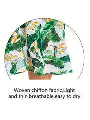 Floral Leaf Print Mesh Cardigan Cover Up Chiffon 3/4 Sleeve Beach Coverup