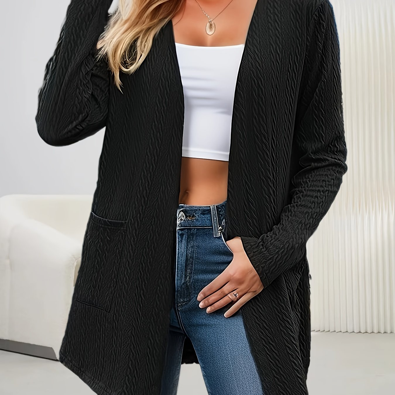  Solid Jacquard Long Sleeve Cardigan Pockets
