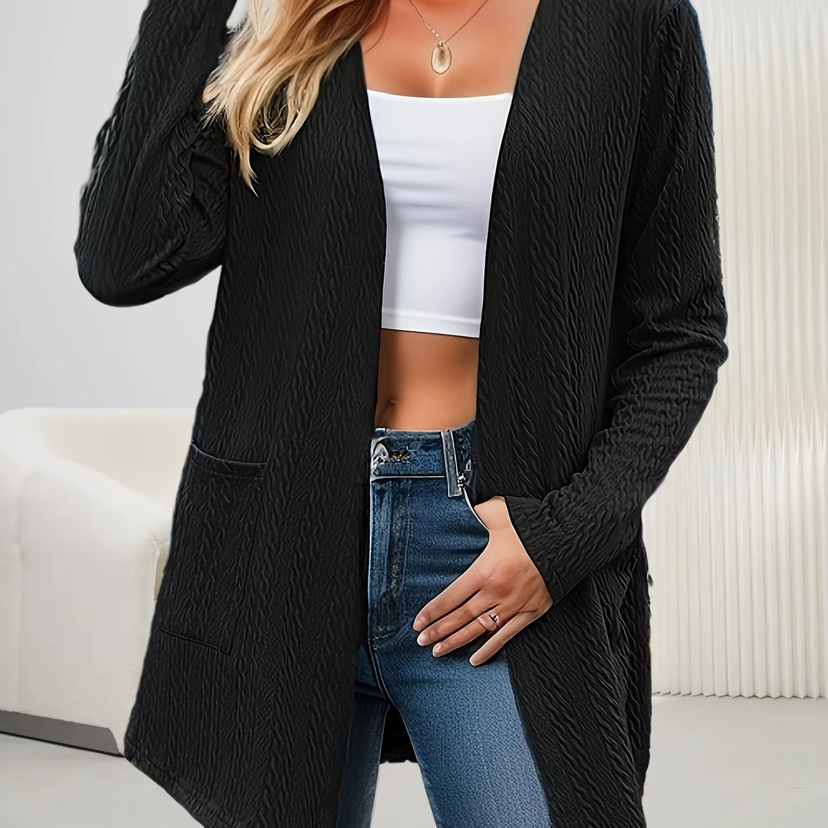  Solid Jacquard Long Sleeve Cardigan Pockets