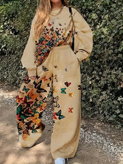  Butterfly Print Tee & Pants Set - Casual Outfit Two Piece Set