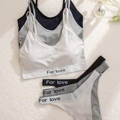 3 Sets Push Up Bra & Elastic Thongs Lingerie Set