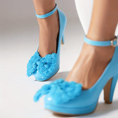 Flower & Bow Block Heel Pumps with Buckle Strap