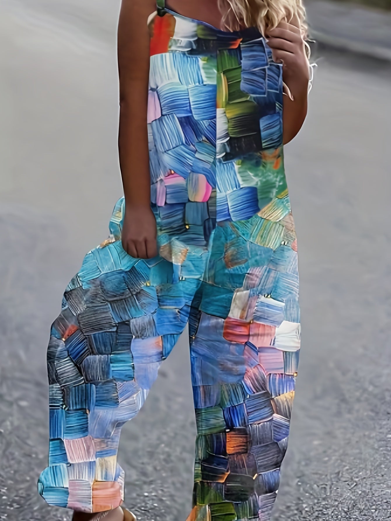  Casual Cami Jumpsuit Women's Plus Painting Print Wide Leg Jumpsuit