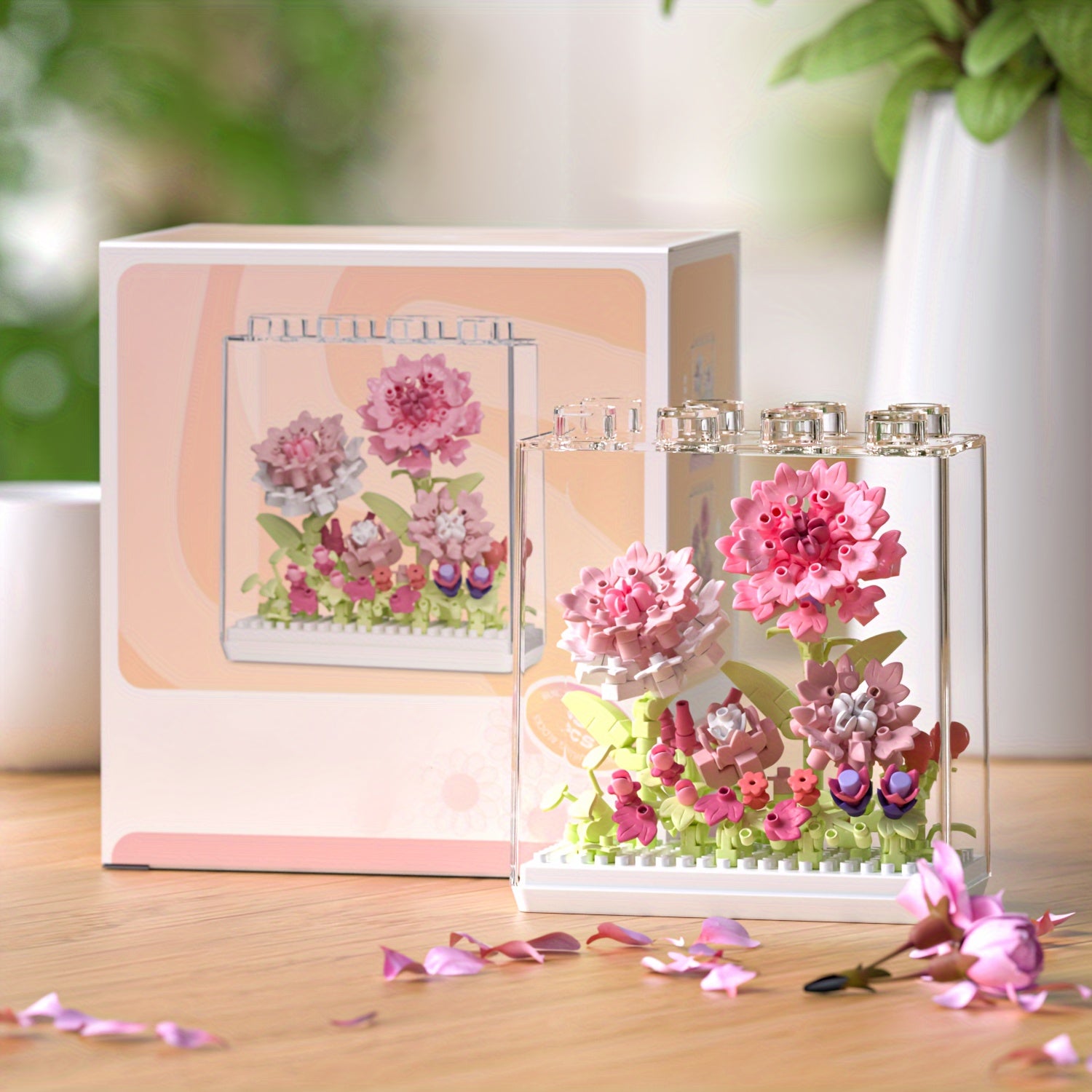 Flower Building Blocks Set DIY Craft Flower Bouquet Kit with Acrylic Case