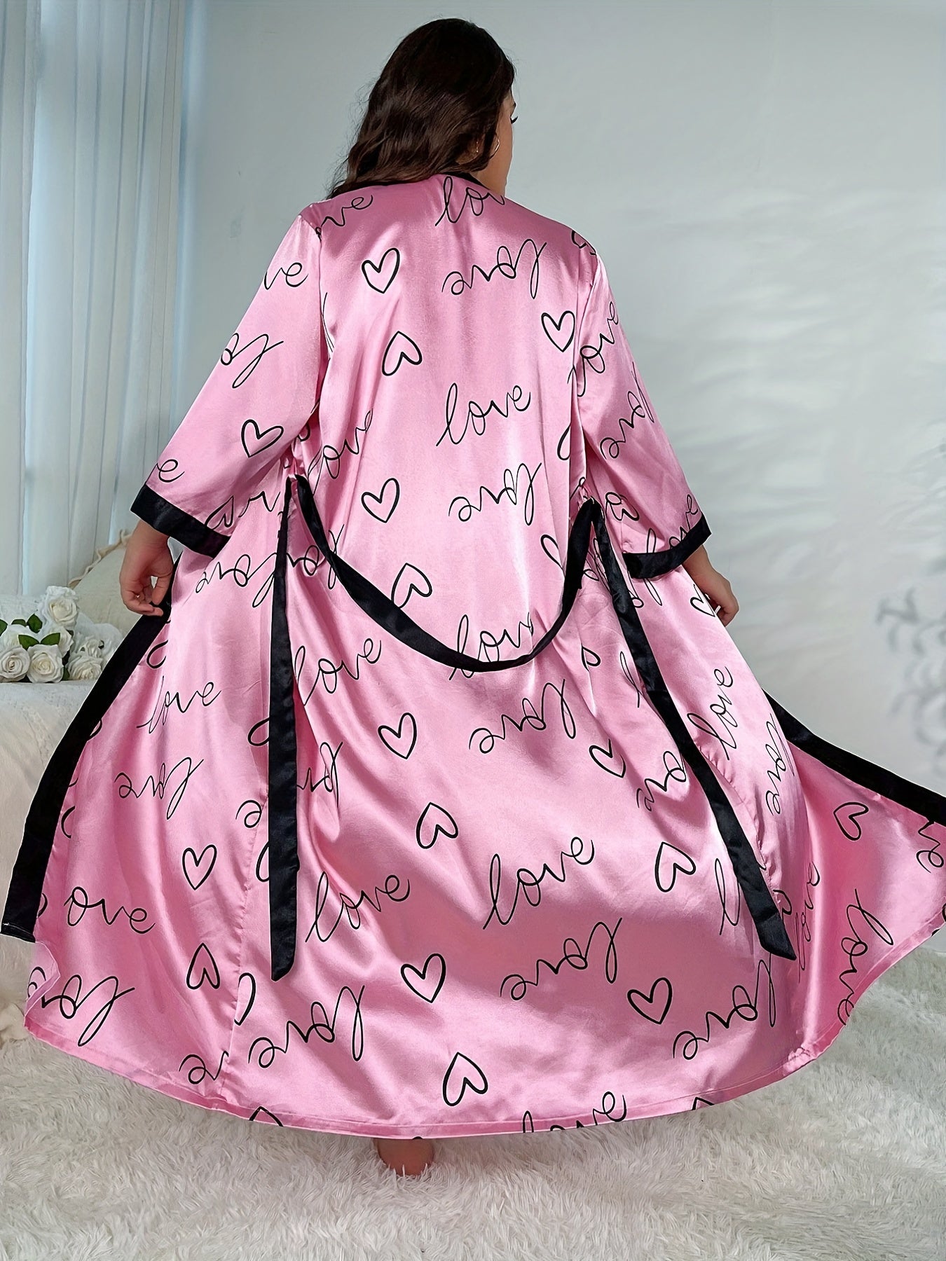  Heart Print Satin Pajama Set with Robe