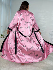  Heart Print Satin Pajama Set with Robe