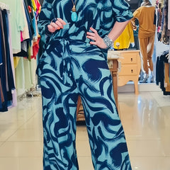  Graphic Print Long Sleeve Top & Drawstring Pants Set